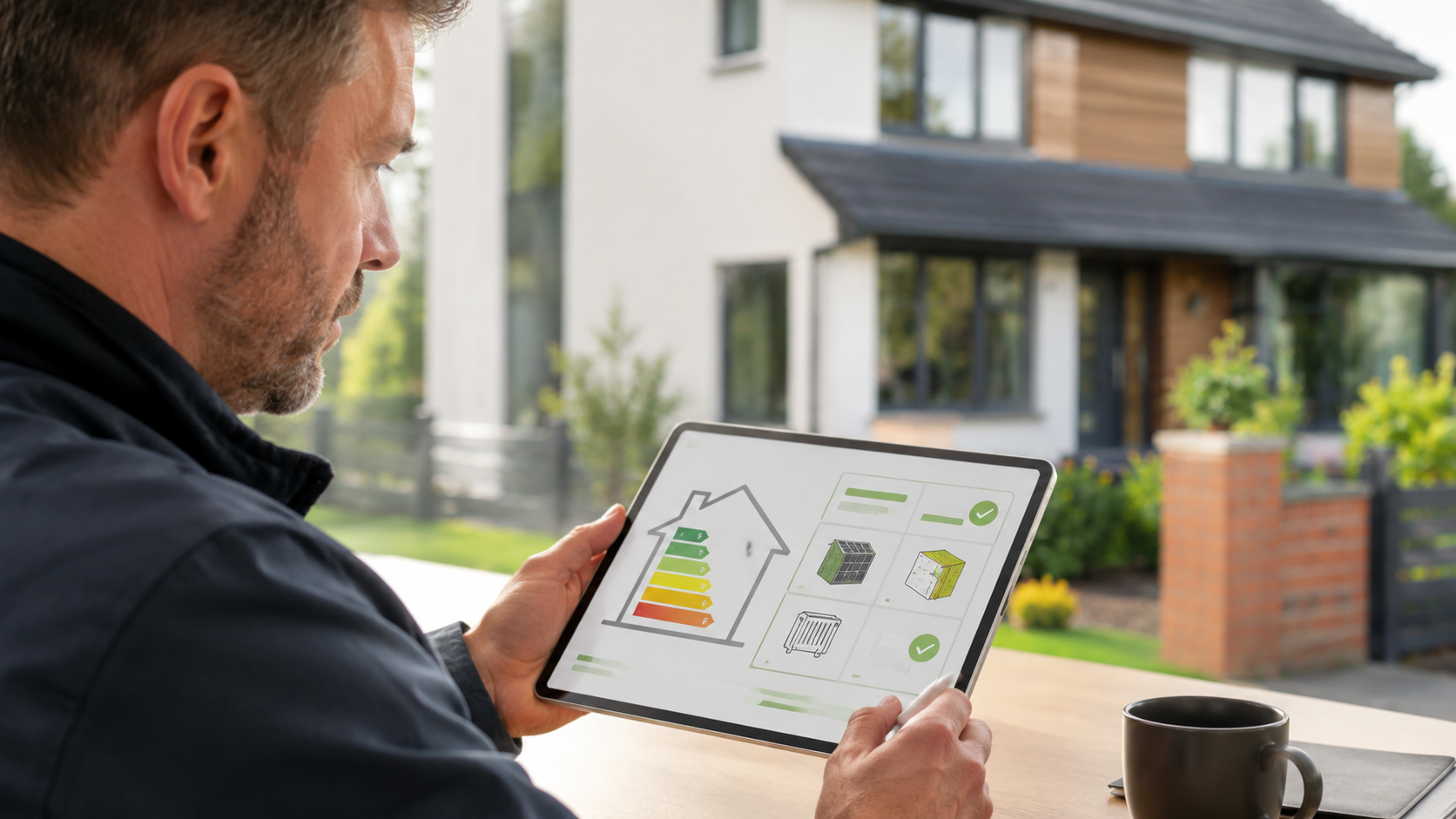Sublime adviser reviewing EPC improvement options on a tablet at a UK home